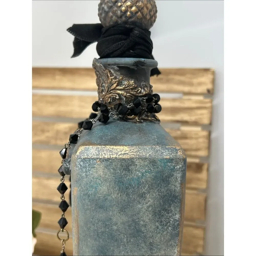 Handcrafted Fairy Art Décor Bottle in Teal with Black Beaded Accent